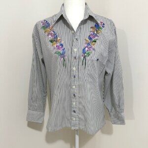Las Olas Button Down Shirt Black & White Stripes Painted Floral Details Size S